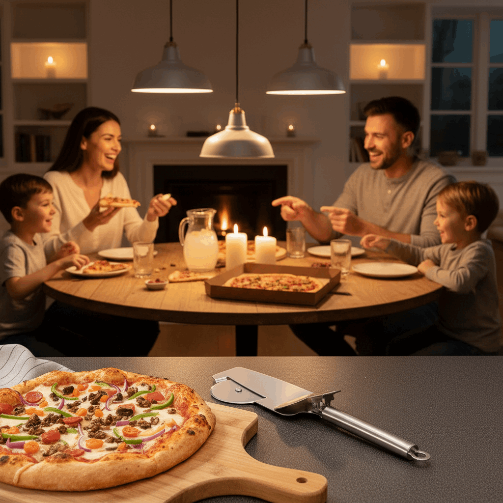 Família reunida com pizza e Nice Slice
