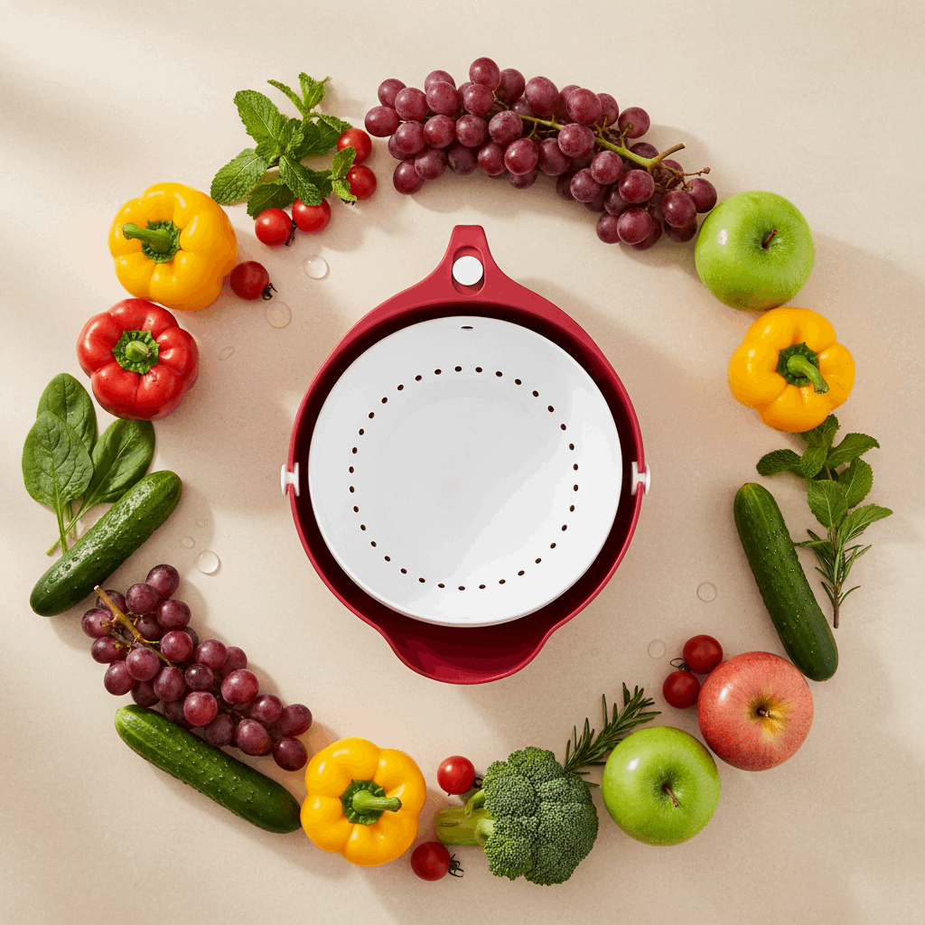 Flat lay escorredor com vegetais frescos