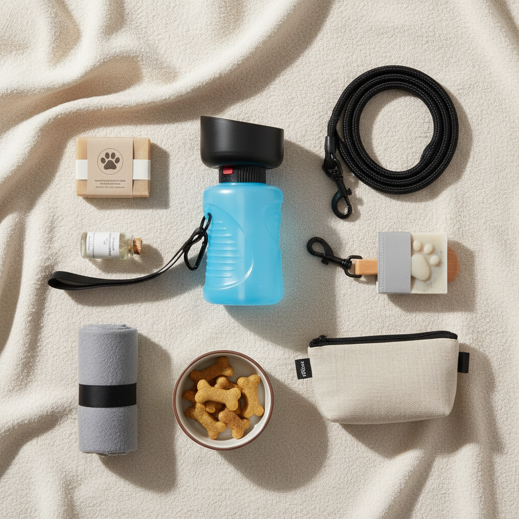 Flat lay garrafa com trela, snacks e acessórios de pet