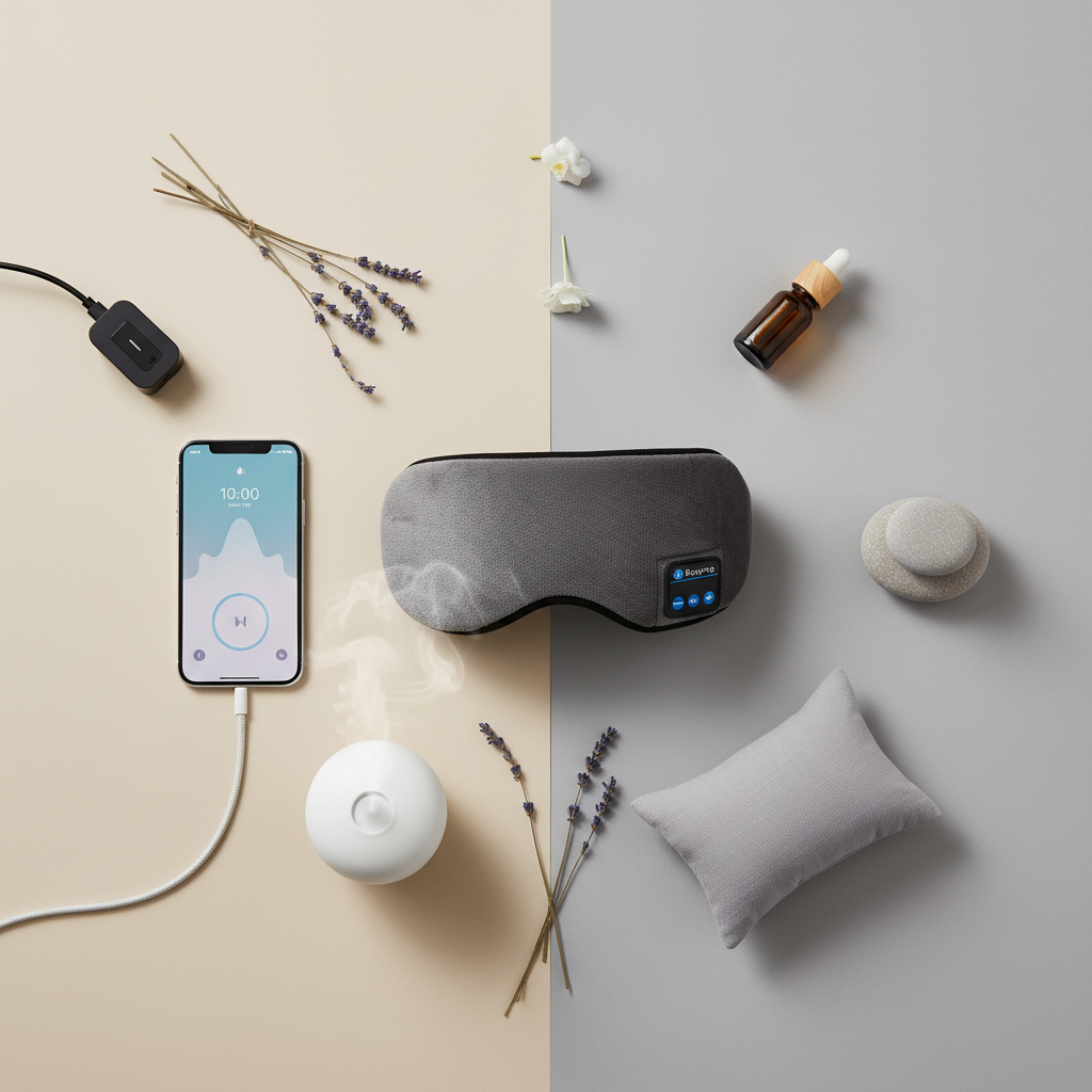 Flat lay of relaxation essentials including gray eye mask, smartphone with app, essential oil bottle, diffuser, lavender sprigs, and pillow on beige and gray background