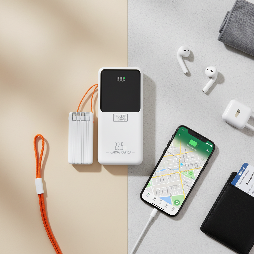 Flat lay powerbank com cabos, smartphone e acessórios