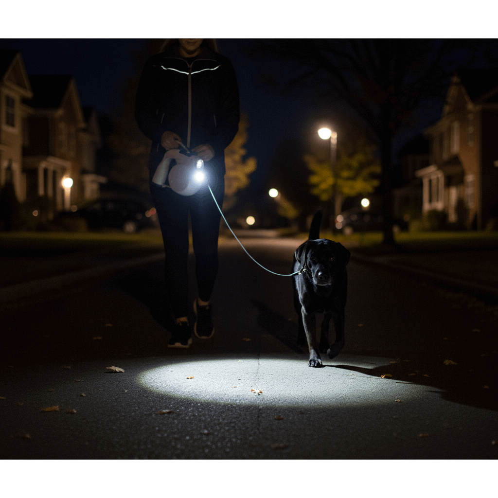 Pessoa a passear cão à noite com luz LED a iluminar caminho