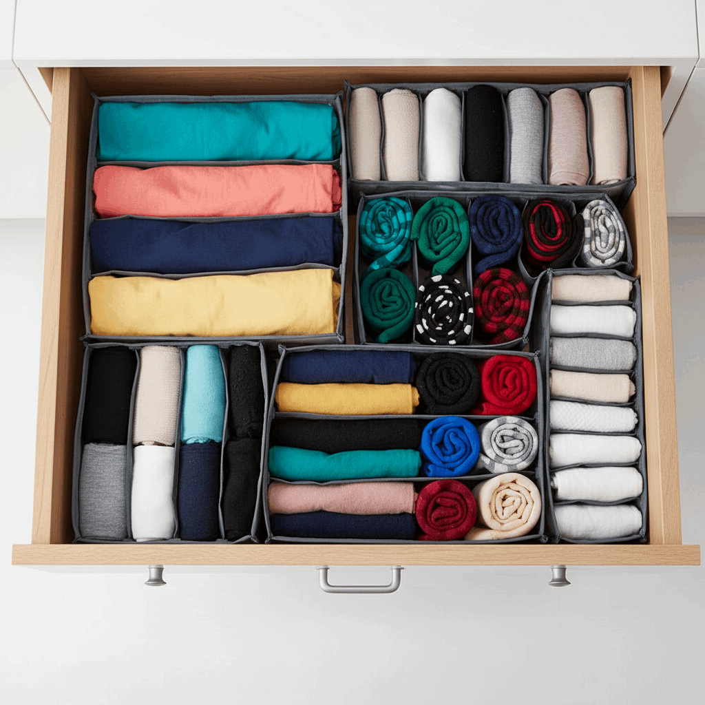 Vista de cima gaveta completa com roupas coloridas dobradas