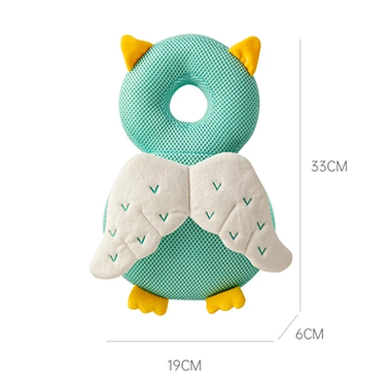 Cute green baby head protection pillow with yellow ears, white wings, and yellow feet, 33x19x6 cm