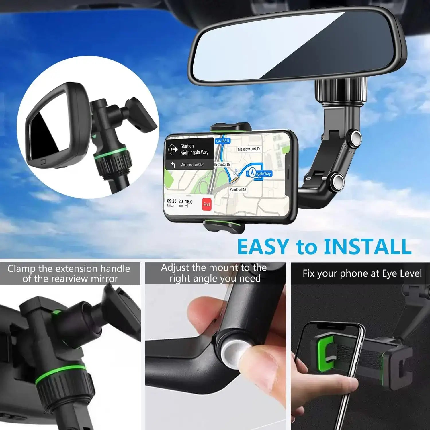 MirrorMount™ – A smart mount that attaches to the rearview mirror for the perfect phone view.
