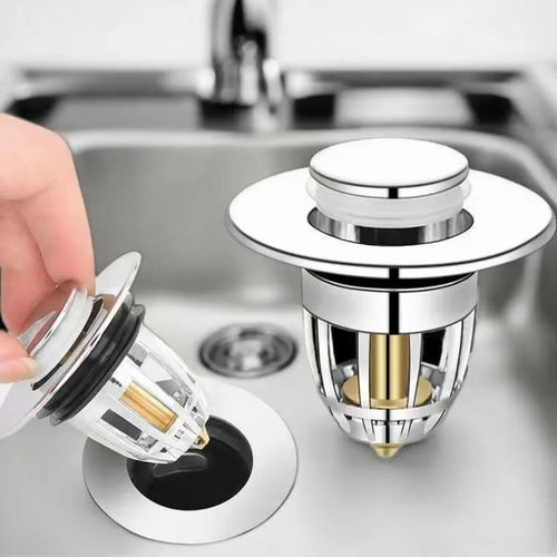PopDrain™ – Un desagüe inteligente con sistema push-click fácil y filtro anti-obstrucción.
