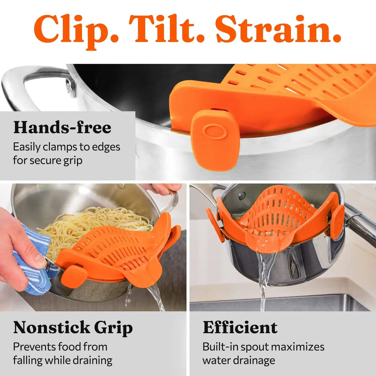 ClipDrain™ – A practical strainer that clips directly onto your pot for quick use
