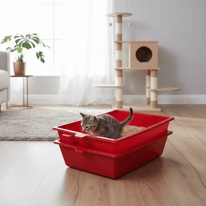 Caixa de areia em casa moderna com gato próximo