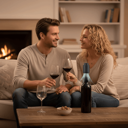 Casal a desfrutar de vinho em casa