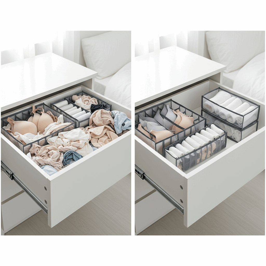 Comparação gaveta bagunçada vs organizada