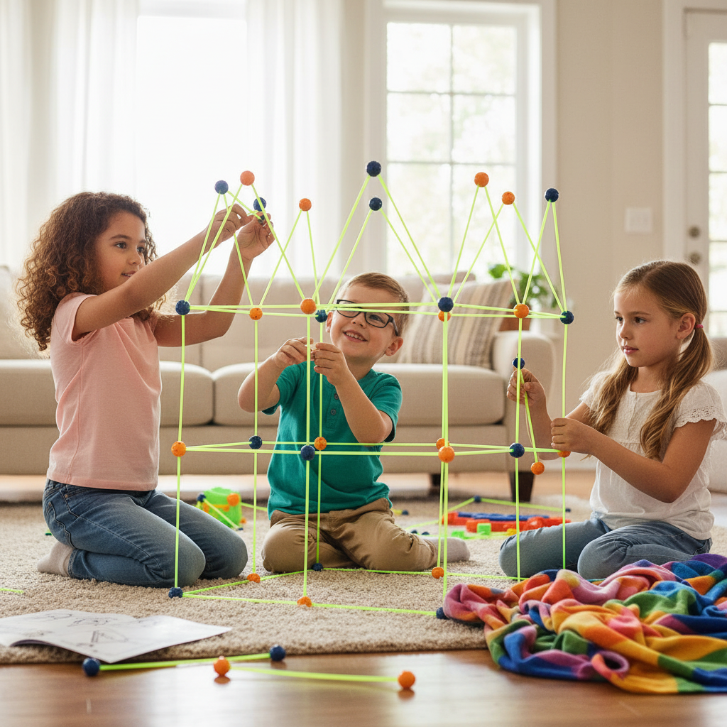 Crianças a construir forte juntas desenvolvendo criatividade