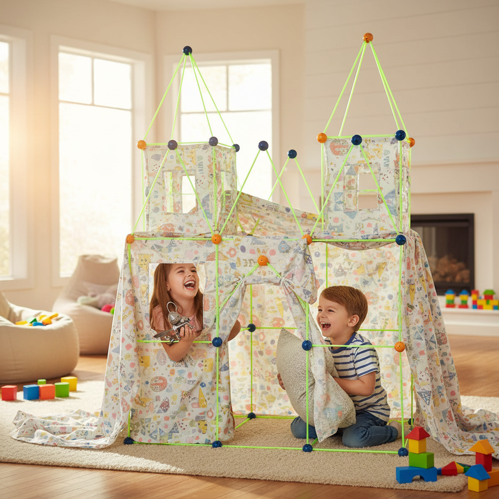 Crianças felizes a brincar dentro de forte colorido construído