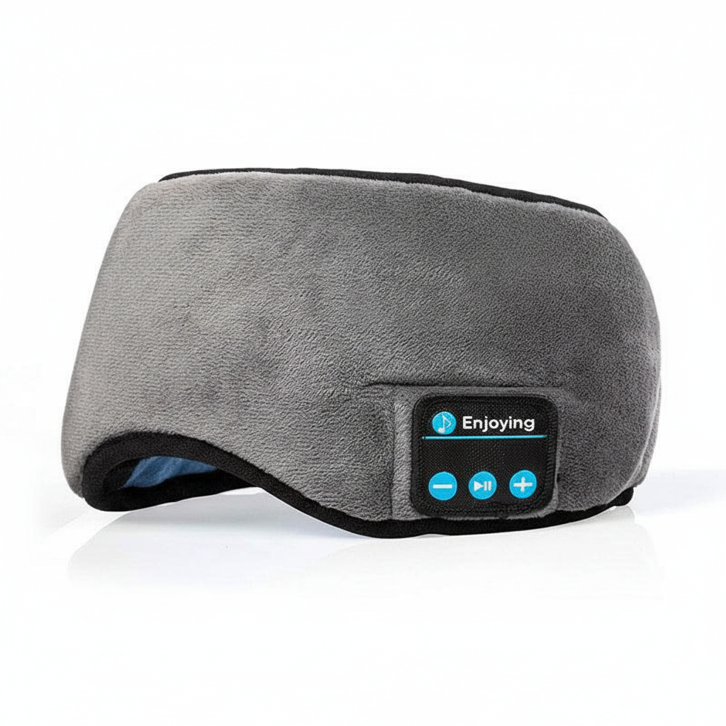 Gray Bluetooth sleep mask with soft fabric and control buttons on white background