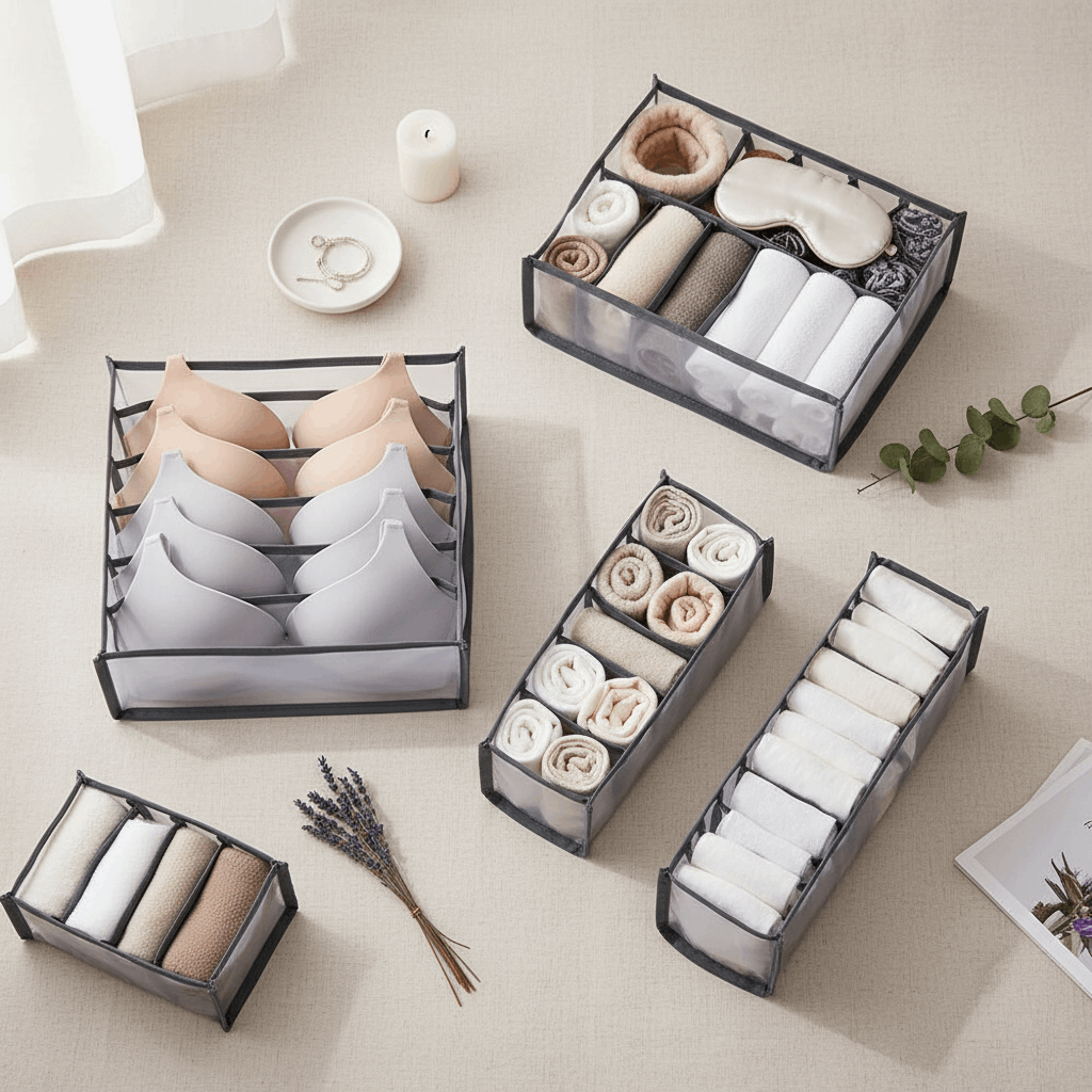 Flat lay organizadores com roupas e acessórios