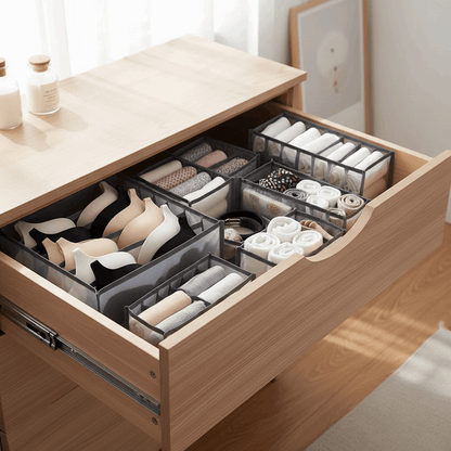 Gaveta organizada com roupas dobradas e acessórios