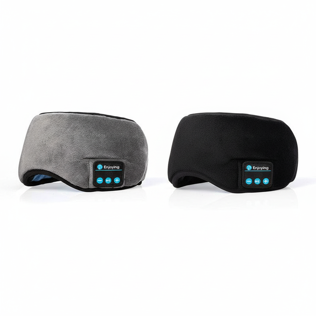 Two Bluetooth sleep headbands in gray and black with control buttons on white background