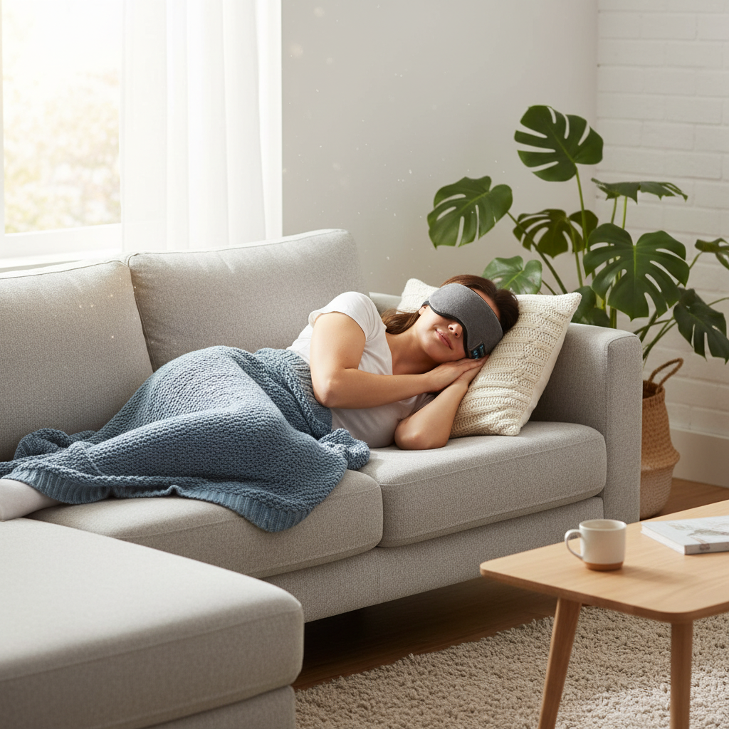 Woman resting on gray sofa with eye mask and blue knitted blanket in cozy living room