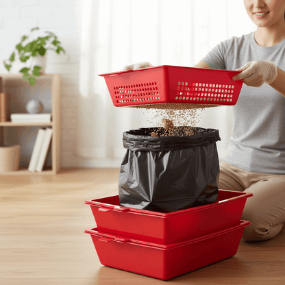 Pessoa a descartar resíduos peneirados no lixo