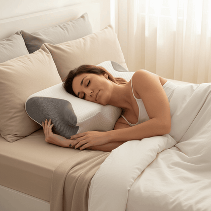 Pessoa a dormir tranquilamente com almofada cervical