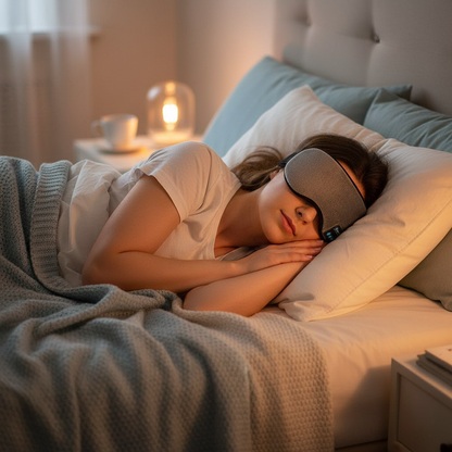 Woman sleeping peacefully in bed wearing a Bluetooth sleep mask with cozy blankets and warm bedside lamp