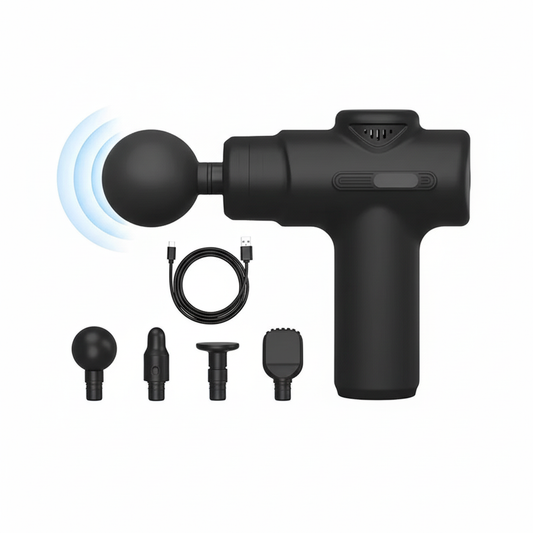 Black handheld massage gun with vibration effects, four interchangeable heads, and USB charging cable