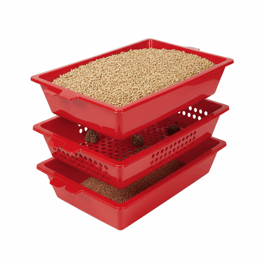 Três tabuleiros separados mostrando sistema de peneiração