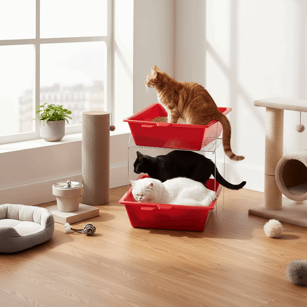 Vários gatos a usar caixa espaçosa confortavelmente